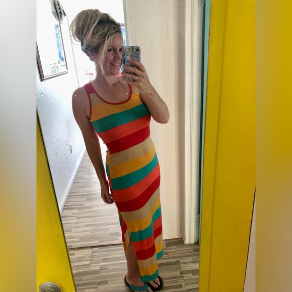 Vintage Dresses & Skirts - Amazing striped dress! Colors are fabulous! Curves body w slit on one side !